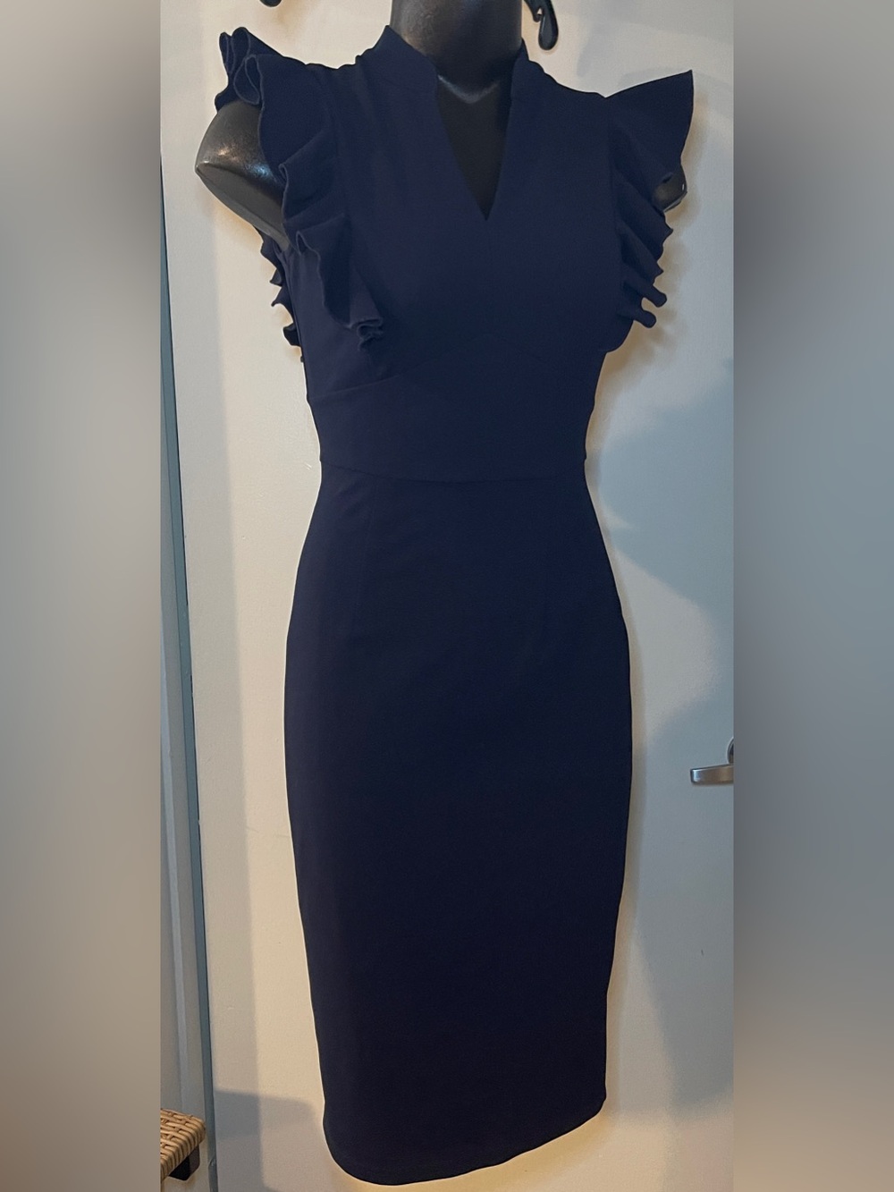 Knitee Navy Midi Sheath Dress with Ruffle Cap Sleeves, Size Small
